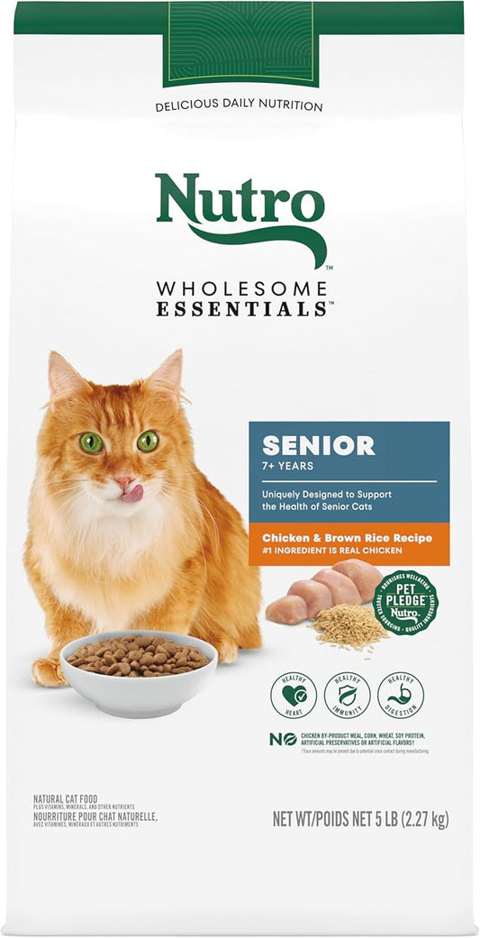 NUTRO WHOLESOME ESSENTIALS Natural Dry Cat Food, Senior Cat Chicken & Brown Rice Recipe , Kibble, 5 lb. Bag - PAWPICO