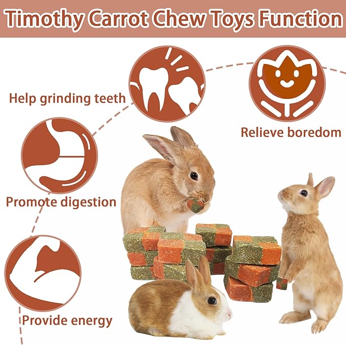 Fhiny 12 PCS Rabbit Carrots Chew Toys, Natural Timothy Hay Biscuit Cubes Rabbit Carrot Molar Treats Small Pet Snacks for Bunny Hamster Chinchilla Guinea Pig or Other Small Animals Fhiny