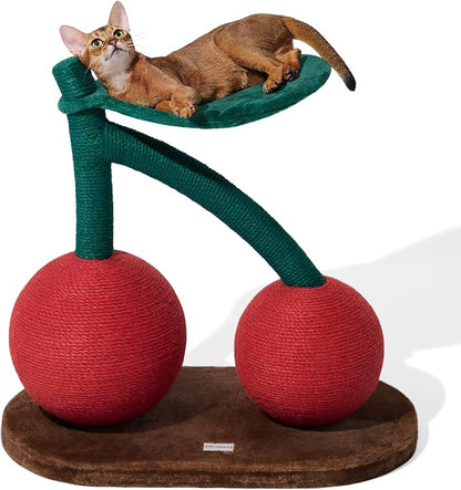 VETRESKA Cat Scratching Post, Large Cherry Cat Scratcher with Hammock, Tall Cat Scratch Interactive Toy with Natural Sisal Rope for Indoor Cats, Kittens - PAWPICO