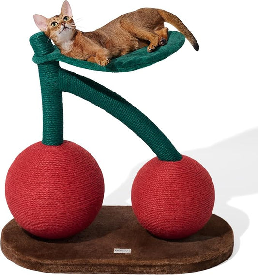 VETRESKA Cat Scratching Post, Large Cherry Cat Scratcher with Hammock, Tall Cat Scratch Interactive Toy with Natural Sisal Rope for Indoor Cats, Kittens - PAWPICO