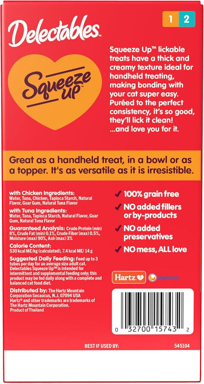 Hartz Delectables Squeeze Up Interactive Lickable Wet Cat Treats for Adult & Senior Cats, Chicken & Tuna, 10 Count,5 oz Hartz