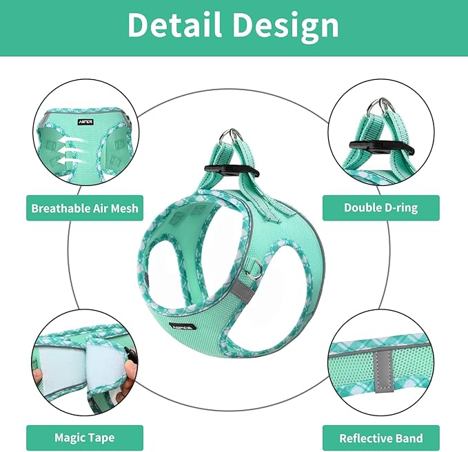 AMTOR Small Dog Harness with Leash Set, No Escape Easy Walk Puppy Harnesses for Training Walking, Step-in Reflective Soft Dogs Vest for XS S Medium Extra-Small Large Sized Dog(Green,S) AMTOR