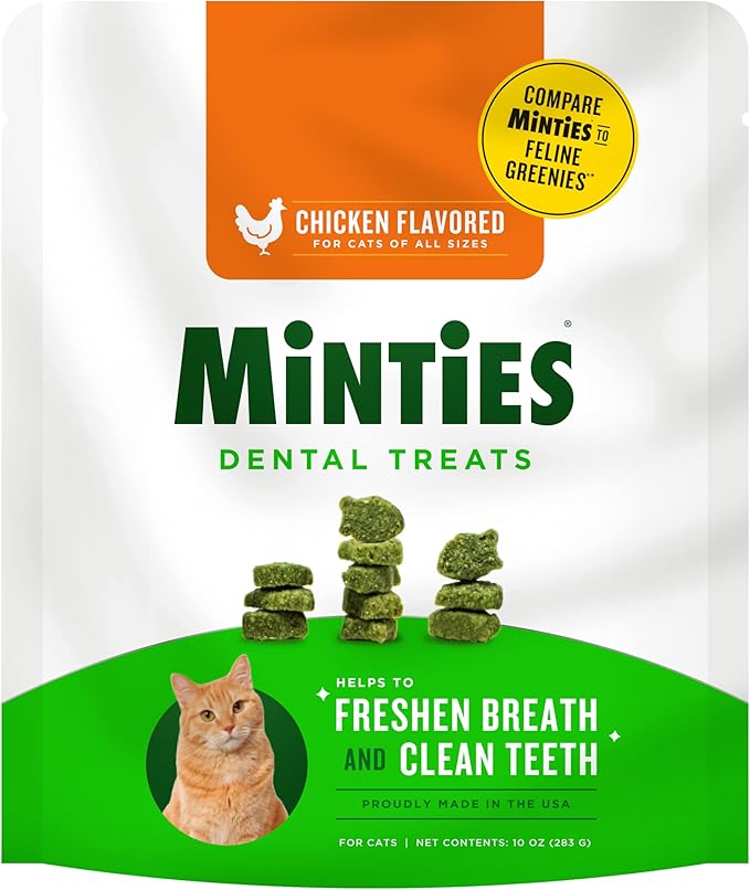 Minties Dental Treats for Cats, Chicken Flavored Treats for Cats, Freshens Breath and Controls Tartar, 10oz Minties