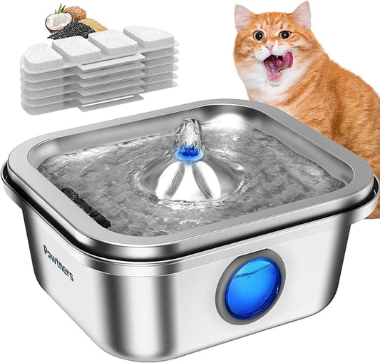 Cat Water Fountain Stainless Steel, 4L/135oz Cat Fountain, Automatic Dog Drinking Dispenser with Water Level Window, 6 Filters, Metal Pet Water Bowl Indoor, Quiet Pump, Easy Cleaning - PAWPICO