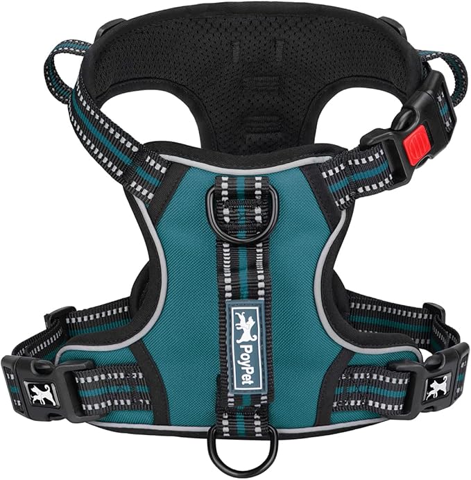 PoyPet No Pull Dog Harness, No Choke Front Clip Reflective Dog Vest with Soft Padded Vertical Handle, 3 Leash Attachments for Small Medium Large Dogs (Tumalo Teal,S) PoyPet