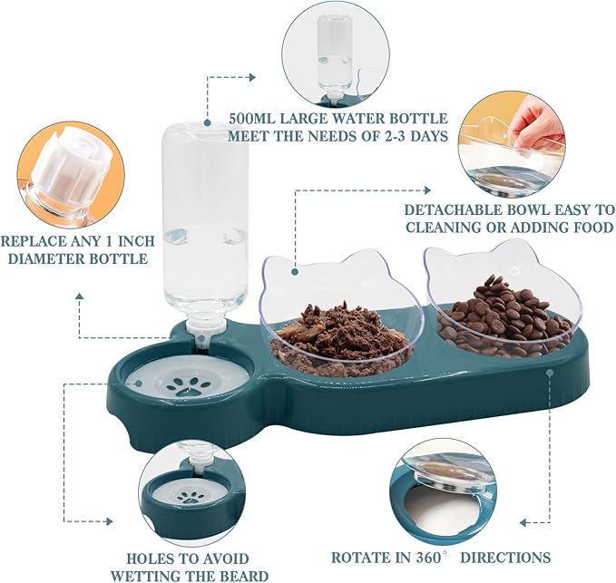 Triple Cat Bowls,15°Tilt 3-in-1 Water Feeder Bowls Cat Double Food Bowls with Automatic Water Bottle Bowl, Whisker Friendly Wet and Dry Cat Elevated Feeding Dishes for Small Cat and Puppy (Navy Blue) - PAWPICO