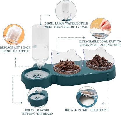 Triple Cat Bowls,15°Tilt 3-in-1 Water Feeder Bowls Cat Double Food Bowls with Automatic Water Bottle Bowl, Whisker Friendly Wet and Dry Cat Elevated Feeding Dishes for Small Cat and Puppy (Navy Blue) - PAWPICO