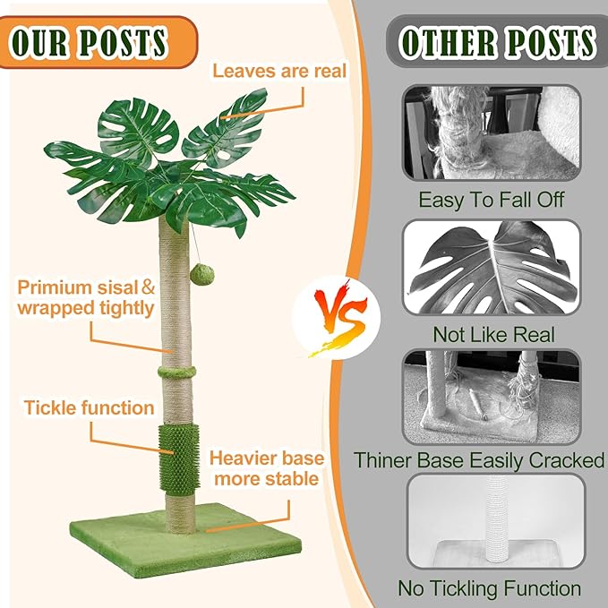 MeowHomm Cat Scratching Post, Cat Monstera Deliciosa for Indoor Cats with Natural Sisal Scratch Pole Hanging Sisal Ropes and Balls, Cute 40" Tall Cat Scratcher for Large Cat and Kittens - PAWPICO