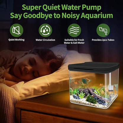 Small Fish Tank Kit 1.8 Gallon, Aquarium Starter Kit with Super-Quiet Water Pump, Dual Rain Filtration, Self Cleaning Function, Shatter-Resistant & Leak-Proof Base (Black) Moonorange