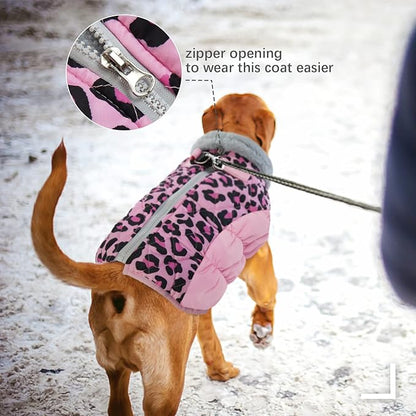 FUAMEY Dog Winter Coat,Dog Cold Weather Coats Dog Jackets with Zipper on Back with Harness Built in Dog Paded Vest Water Resistant Reflective Jacket for Small Medium Large Dogs Pink Leopard XXL - PAWPICO