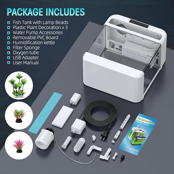 Fish Tank Aquarium 2.2 Gallon Fish Bowl with Humidifier 7 Color Auto-Looping Light 3 in 1 Quiet Pump with Filteration & Oxygenation & Circulation, Temperature Display, HD Float Glass, Thickened Base Focusonhomelifeandhealth