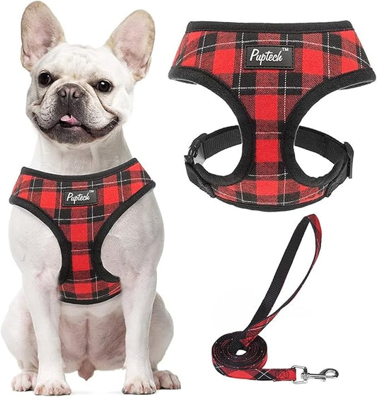 PUPTECK Soft Mesh Dog Harness and Leash Set Pet Puppy Cat Comfort Padded Vest No Pull Harnesses, Red&Black, L PUPTECK