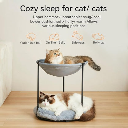 Double Cat Bed for 2 Cats Breathable Elevated Cat Beds for Indoor Cats, Round Fluffy Plush Cat Beds,18 x 16.5 x 16.5 Inch Cat Hammock Washable, Easy Assembly Cat Hammock for Multi-cat Household - PAWPICO