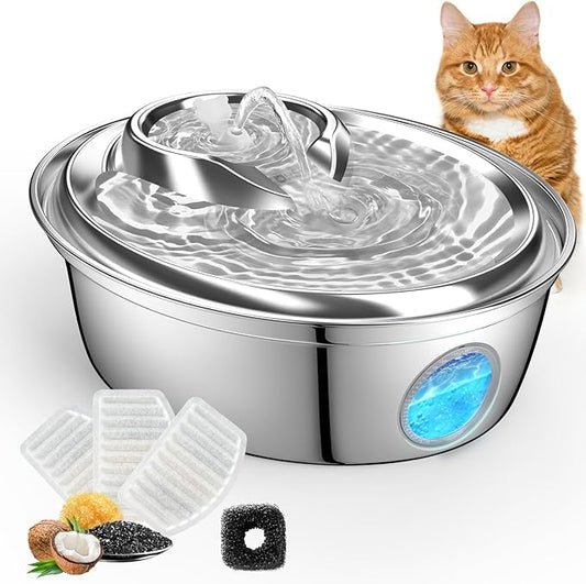 ORSDA Cat Water Fountain Stainless Steel, Automatic Pet Water Fountain, 67oz/2L Drinking Fountain Dog Water Dispenser with Water Level Window for Cats and Small Dogs- 4Pcs Filters (D36) - PAWPICO