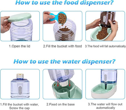 Automatic Dog Cat Feeder and Water Dispenser Gravity Food Feeder and Waterer Set with Pet Food Bowl for Small Medium Dog Puppy Kitten, Large Capacity 1 Gallon x 2 - PAWPICO