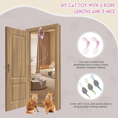 Cat Toy Interactive for Indoor Cats, Smart USB Rechargeable Door Hanging Automatic Retractable Kitten Toys, Teaser Electronic Self Play Feather Cat String Toys Attached with 3 Catnip Mice Pink - PAWPICO