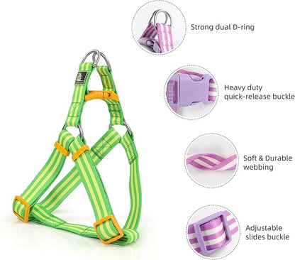 Striped Dog Harness Collar and Leash Set, Polyester Webbing Dog Collar Easy Walking and Training Dog Harness and Leash 3-in-1 Suit Adjustable Dog Harness Collar Leash Set for Dogs(Yellow, L) Tiffpaws