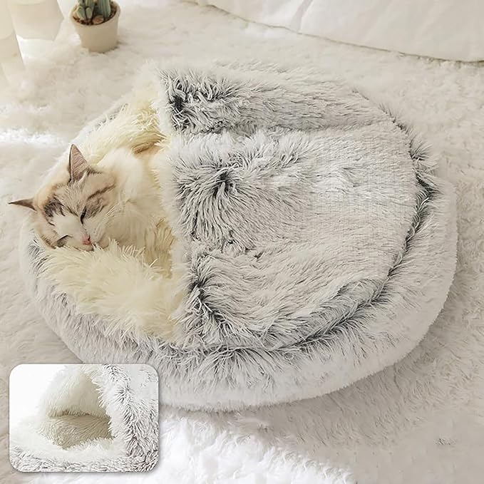 ShinHye Cat Bed Round Plush Fluffy Hooded Cat Bed Cave, Cozy for Indoor Cats or Small Dog beds, Soothing Pet Beds Dog Cave Bed - Waterproof Bottom Washable, (26×26inch, Grey) - PAWPICO
