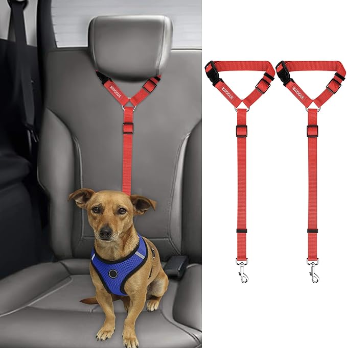 BWOGUE 2 Packs Dog Cat Safety Seat Belt Strap Car Headrest Restraint Adjustable Nylon Fabric Dog Restraints Vehicle Seatbelts Harness Red BWOGUEPetHome