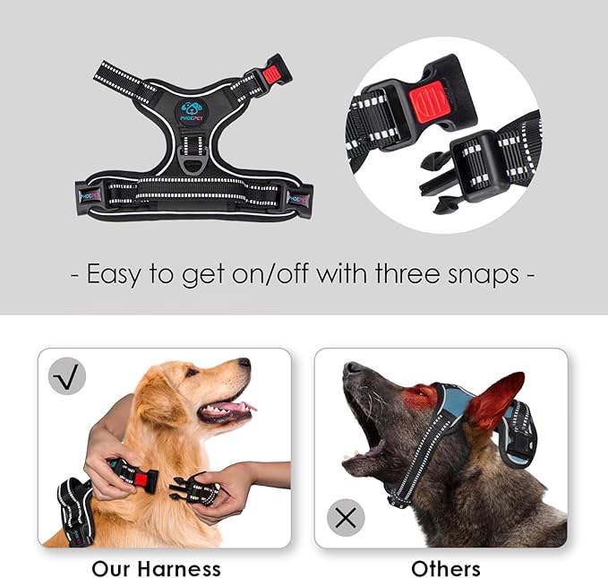 PHOEPET Reflective Dog Harness Large Breed Adjustable No Pull Vest with with Handle 2 Metal Rings 3 Buckles [Easy to Put on & Take Off](L, Black) - PAWPICO