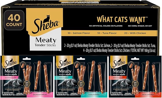 Sheba Meaty Tender Sticks Soft Cat Treats with Chicken, Tuna Flavor, and Salmon Flavor, 0.14 oz., 40 Count Sheba