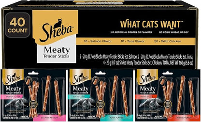 Sheba Meaty Tender Sticks Soft Cat Treats with Chicken, Tuna Flavor, and Salmon Flavor, 0.14 oz., 40 Count Sheba