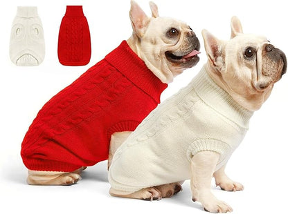 2 Pack Dog Sweaters for Small Dogs - Puppy Medium Warm Clothes in Winter, Turtleneck Pullover Design for Boy Girl Pet, Doggie, Cat, Kitten Chihuahua Bulldog Pug Beagles (2XL, Red, Beige) - PAWPICO