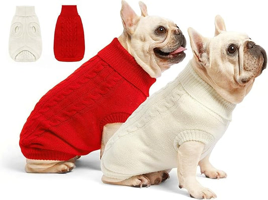 2 Pack Dog Sweaters for Small Dogs - Puppy Medium Warm Clothes in Winter, Turtleneck Pullover Design for Boy Girl Pet, Doggie, Cat, Kitten Chihuahua Bulldog Pug Beagles (2XL, Red, Beige) - PAWPICO