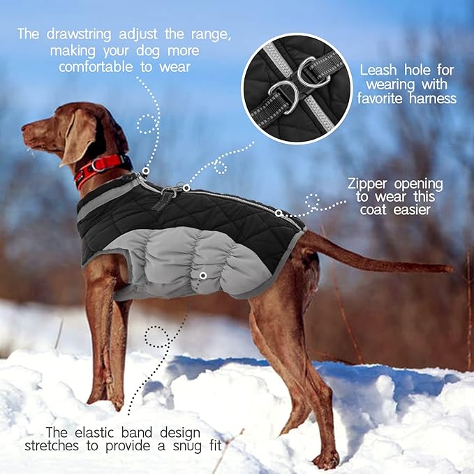 FUAMEY Warm Winter Dog Jacket with Built-in Harness, Waterproof Windproof Reflective Fleece Vest with Zipper for Medium Dogs - Black - PAWPICO