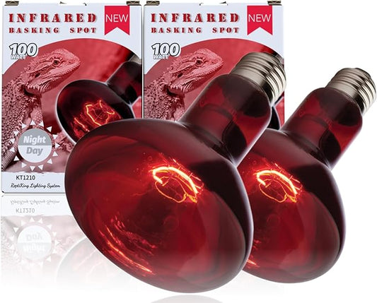 Red Basking Bulb for Reptiles, 2 Pack 100W Upgraded Infrared Basking Spot, Reptile Night Heating Bulb Light, Red Heat Lamp Bulb for Bearded Dragon Turtle Chicken ReptiKing