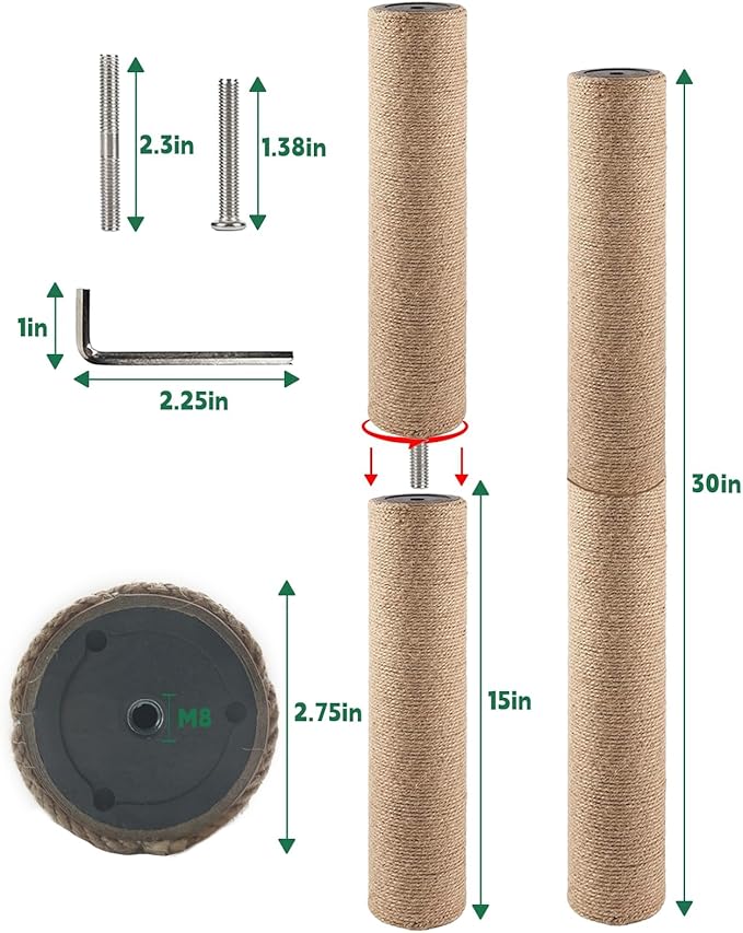BNOSDM 2 Pcs 15”x2.75” M8 Cat Tree Scratching Post Replacement Parts for Indoor Cats Tower Rope Scratch Poles Refill Sisal Part for Refurbishment Hemp Grey - PAWPICO