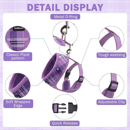 SCENEREAL No Pull Dog Harness Collar and Leash Set Small Medium Sized Dog, Soft Mesh Step in Puppy Harnesses, No Chock Plaid Adjustible Pet Vest for Outdoor Walking Training and Running, Purple M SCENEREAL