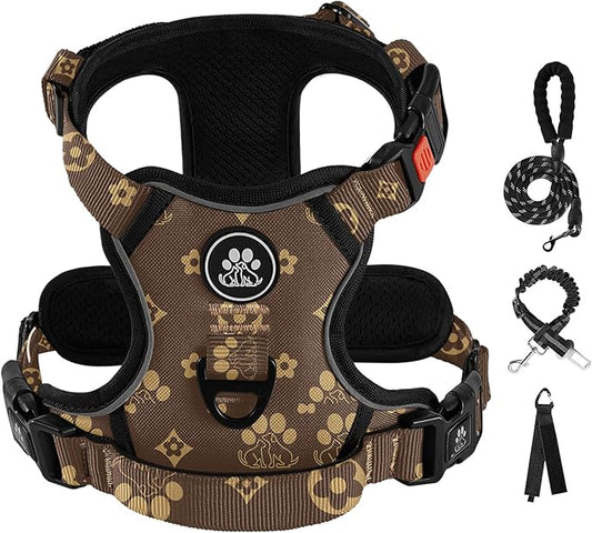 IVY&LANE No Pull Dog Harness with Leash Set, Reflective No Choke Pet Vest,Adjustable Oxford Dog Vest Harness with Easy Control Handle for Small Dogs (Dark Brown,S) IVYLANE