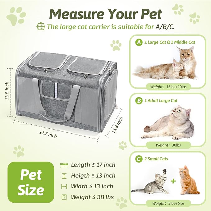 Sedioso Large Cat Carrier for 2 Cats, 21.7x 13.8x 13.8in Pet Carrier for Cat and Dog Up to 38lbs, All-Sided Mesh Cat Carrier with Great Ventilation, Portable Soft Sided Pet Carrier for Traveling(Grey) - PAWPICO