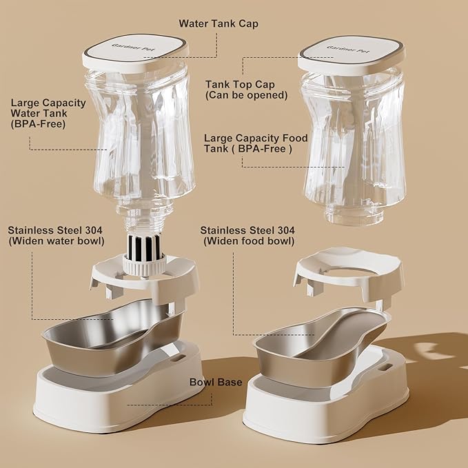 Automatic Pets Gravity Feeder and Water Dispenser Set, 1Gallon x 2 Stainless Steel Food Feeder and Waterer, 100% BPA-Free Water Bowl Dispenser for Small&Medium Dogs, Cats, Puppies(White) - PAWPICO
