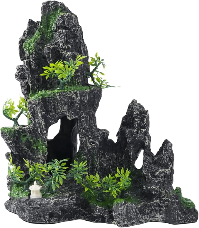 Large Fish Tank Decorations - Mountain View Aquarium Ornament with Tree House Cave Bridge,Resin, 10.24x9.45x5.12 inches, C SiissaPeksid