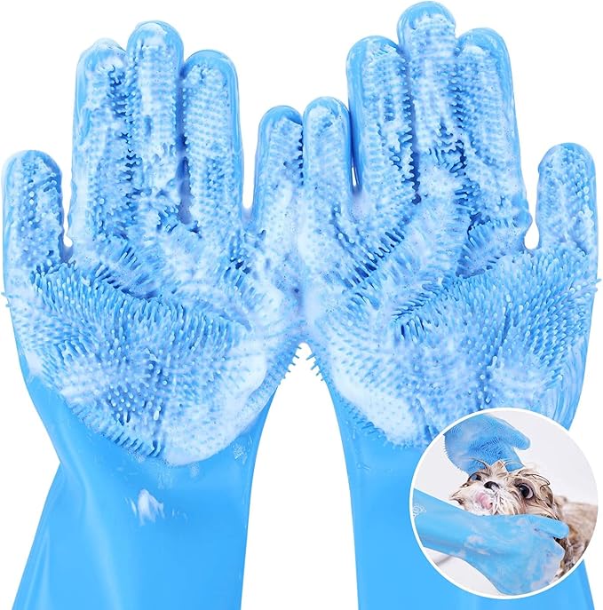 Pecute Pet Grooming Gloves - Heat Resistant Silicone Gloves with High-Density Teeth, Enhanced Five Finger Design for Bathing and Massaging Dogs and Cats, Blue - PAWPICO