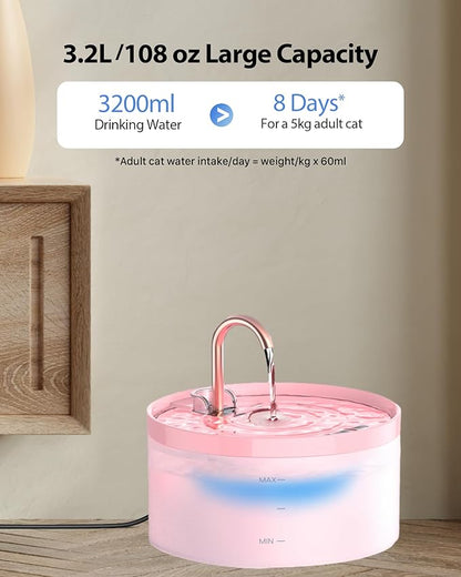 Cat Water Fountain with Tap Shape: 3.2L Cat Fountain for Cats - Super Quiet Water Pump - Filters Hair - Easy Disassembly - 6 Filters + 3 Foam Filters - Pink Cat Fountains for Drinking - PAWPICO