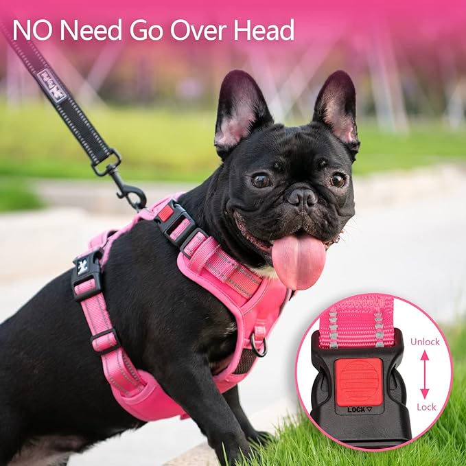 PoyPet No Pull Dog Harness, No Choke Reflective Dog Vest, Adjustable Pet Harnesses with Easy Control Padded Handle for Small Medium Large Dogs(Pink Matching Trim,M) PoyPet
