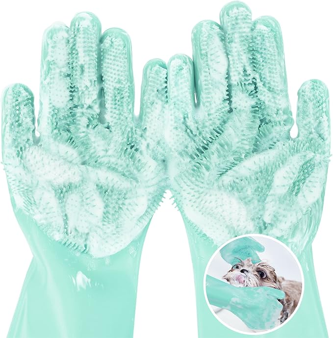 Pecute Heat Resistant Pet Grooming Gloves, Green, with High-Density Teeth, Silicone Bathing and Massaging Gloves for Dogs and Cats - PAWPICO
