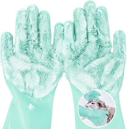 Pecute Heat Resistant Pet Grooming Gloves, Green, with High-Density Teeth, Silicone Bathing and Massaging Gloves for Dogs and Cats - PAWPICO