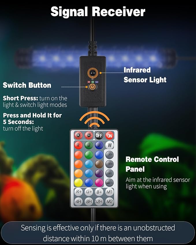 Pawfly 1.8 W Aquarium LED Light 7.5 Inch Underwater Fish Tank Light with Timer Fish Tank Background Light with 4 Lighting Modes Submersible Tube Light with Strong Remote Control (Battery Not Included) Pawfly