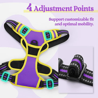 rabbitgoo Dog Harness No Pull with 2 Leash Clips, Adjustable Soft Padded, Reflective Oxford No Choke Pet Vest with Easy Control Handle for Large Dogs, Purple & Yellow, L rabbitgoo