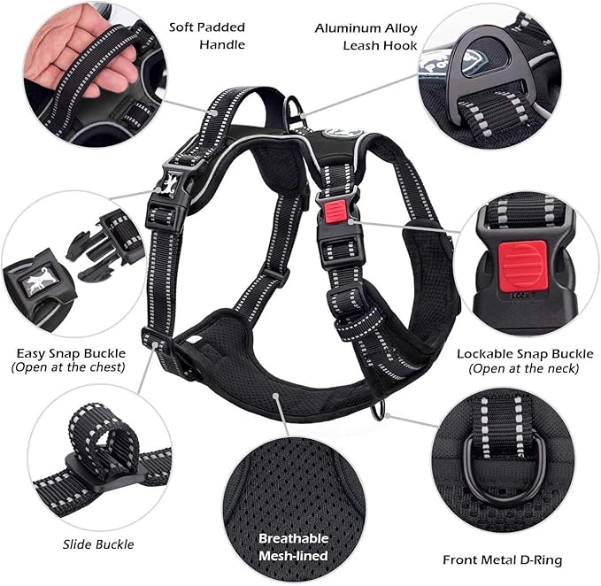 PoyPet Dog Harness No Pull, Reflective Adjustable No Choke Pet Vest with Front & Back Clips, Soft Padded and Control Training Handle for Large Dogs(Black,XL) PoyPet