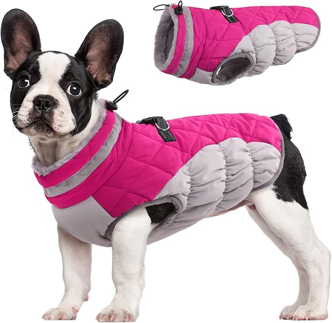 FUAMEY Dog Coat, Medium, Pink, Faux Fur - Waterproof, Windproof, Reflective Cold Weather Coat with Built-in Harness, Fits Dogs 11 lbs and Up - PAWPICO