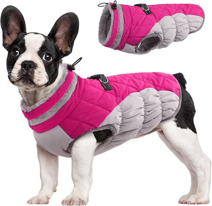 FUAMEY Dog Coat, Medium, Pink, Faux Fur - Waterproof, Windproof, Reflective Cold Weather Coat with Built-in Harness, Fits Dogs 11 lbs and Up - PAWPICO