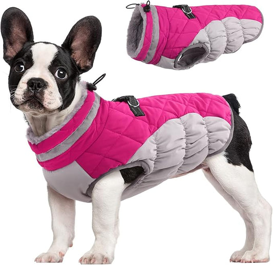 FUAMEY Dog Coat, Medium, Pink, Faux Fur - Waterproof, Windproof, Reflective Cold Weather Coat with Built-in Harness, Fits Dogs 11 lbs and Up - PAWPICO