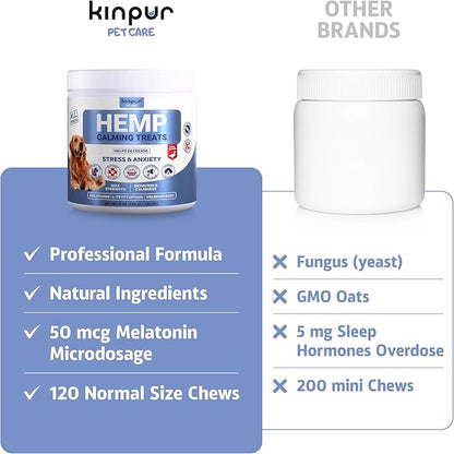 Natural Hemp Calming Chews for Dogs w/ Valerian Root & Melatonin - Mood & Behavior Aid for Fireworks, Thunderstorms, Separation - Hip Joint Health - Duck-Flavored Tasty Dog Calming Treats 120 Chews KinpurPetCare