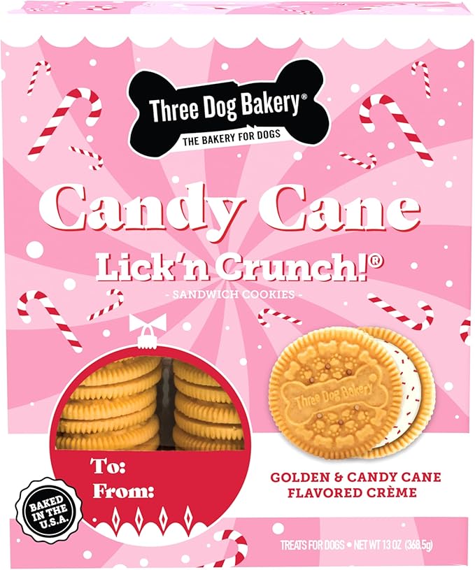 Three Dog Bakery Candy Cane Lick'n Crunch, Vanilla Cookie w/Vanilla Crème Flavored Filling with bits of Candycane, 13 Ounces Each - PAWPICO
