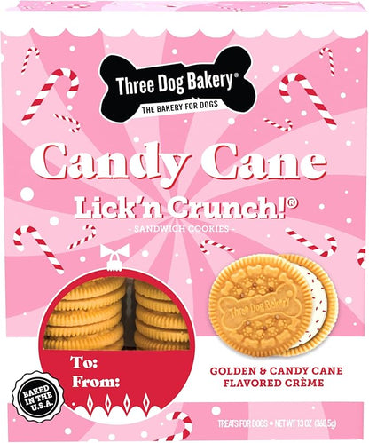 Three Dog Bakery Candy Cane Lick'n Crunch, Vanilla Cookie w/Vanilla Crème Flavored Filling with bits of Candycane, 13 Ounces Each - PAWPICO